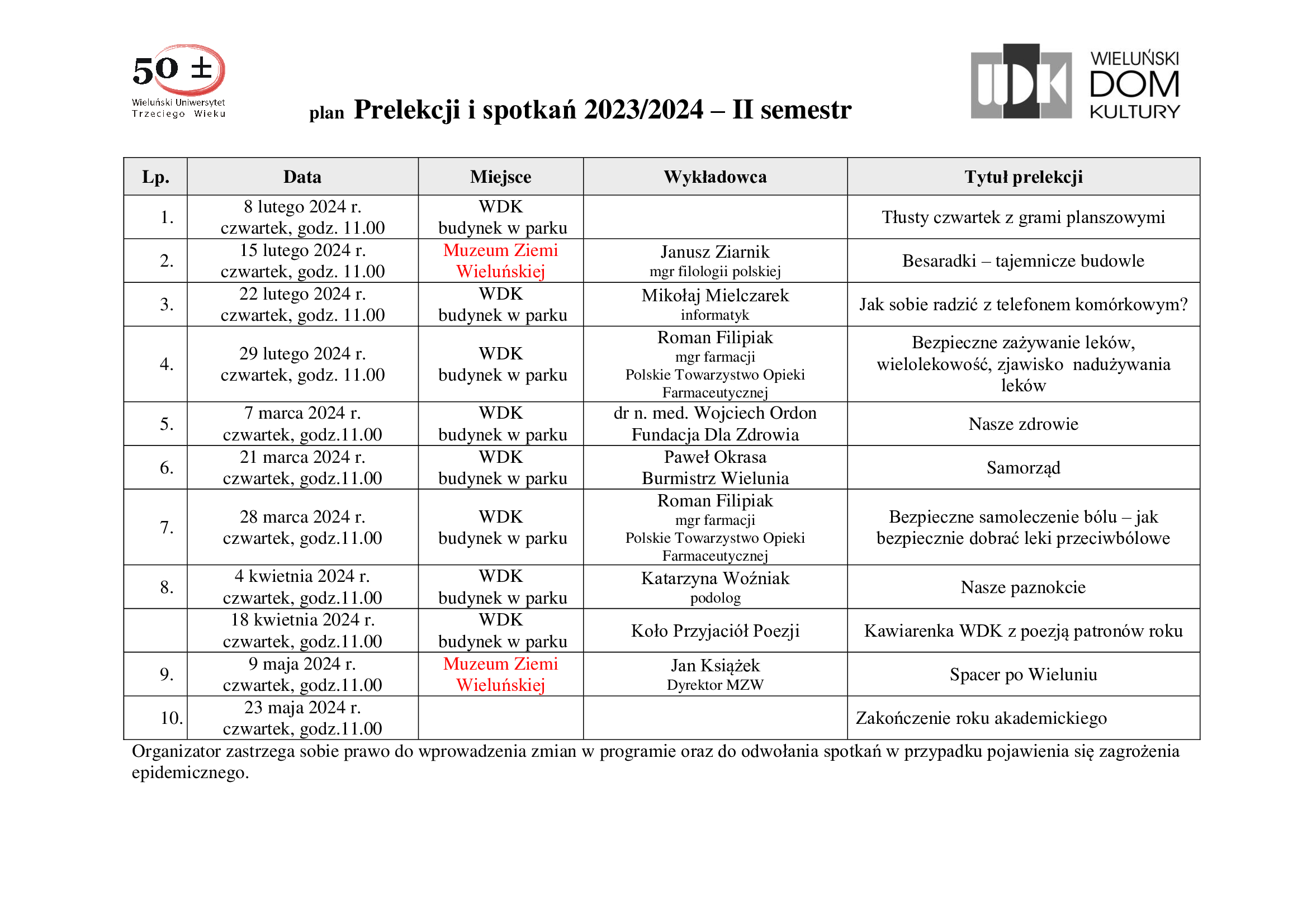 Wieluński Dom Kultury - Plan zajęć i prelekcji WUTW 2023/24